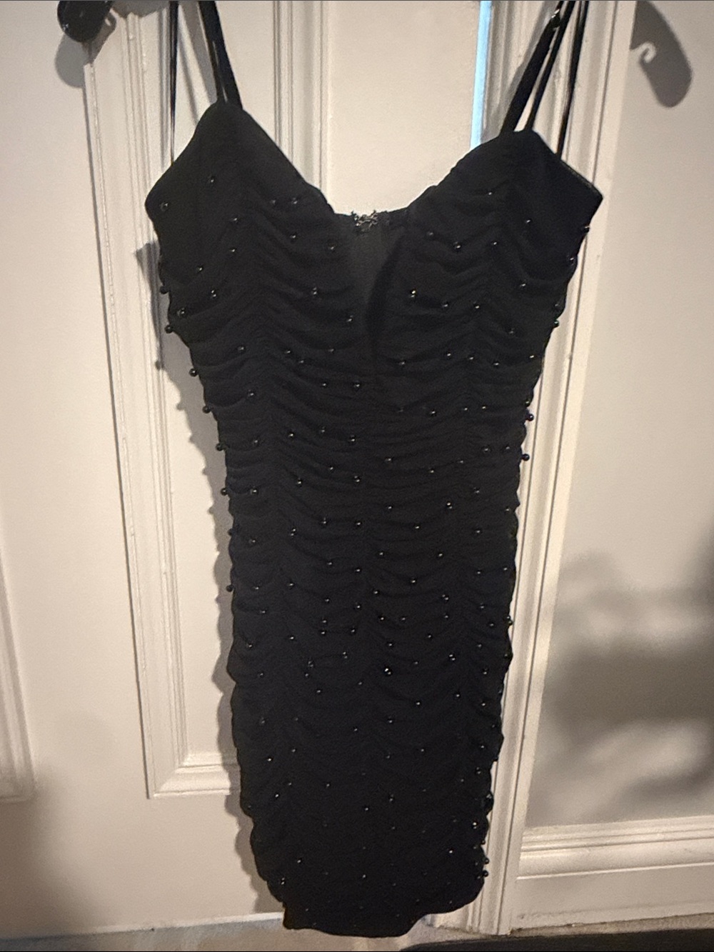 Black Ruched Beaded Slip Dress - Women's Elegant Evening Dress